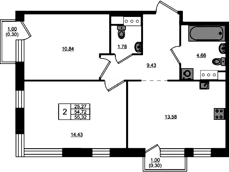 2-комнатная квартира 54.72 м², 5/5 эт., ЖК «Plus Пулковский»